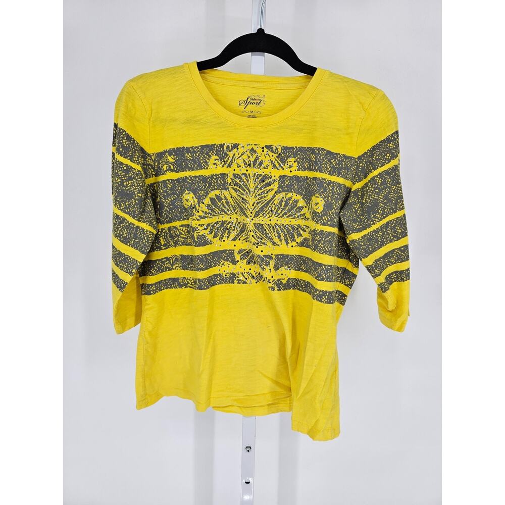 Style & Co Sport Womens Sz M 3/4 Sleeve T shirt Bright Yellow Floral Rhinestones